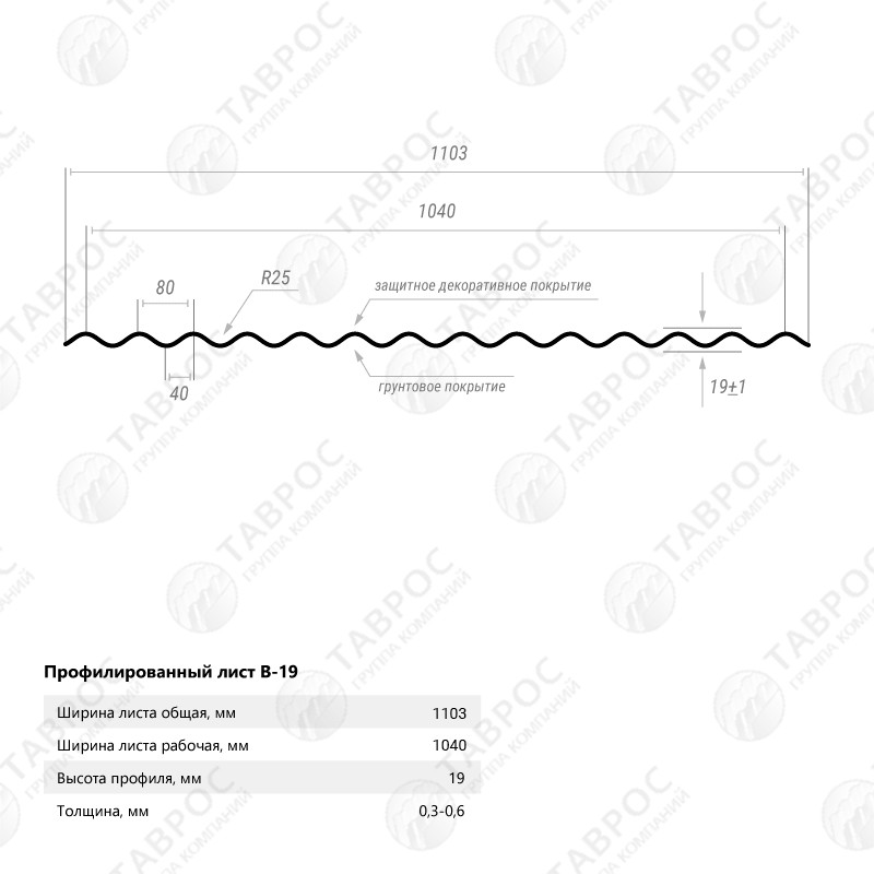 Гофрированный лист В-19 Гладкий полиэстер RAL 6005 (Зелёный мох) 2500*1103*0,4 односторонний